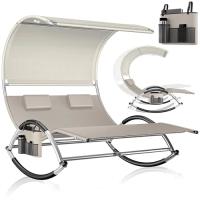 Image de KESSER® Chaise longue double Avec toit pare soleil, sac Pour oreiller 2 personnes de jardin Surface couchage ergonomique Charge maximale : 240 kg Crème