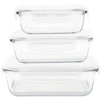 Image de Pebbly Set de 3 boites conservation en verre rectangulaires 400 ml, 650 ml et 1L Pour Cuire, Conserver, Transporter Réchauffer 100% Hermétique