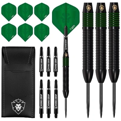 Image de fléchettes KOTO Kingprove Noir &amp; Green Brass, Manche en Anneau Solide, poignée texturée, Usage Professionnel, Comprend des KOTO, flèches et Un étui à