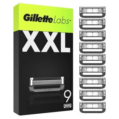 Image de Gillette Labs Lot De 9 Recharges Rasoir Pour Hommes, AUTHENTIQUES, A 5 Meilleures Lames La Marque, Barre Exfoliante Un Rasage Doux Et Efficace, Compatibles Avec Les Manches GilletteLabs