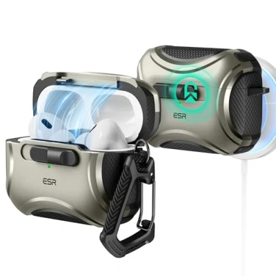 Image de ESR Coque pour AirPods Pro 2/1 (2023/2022/2019), Compatible avec 2e Génération (Câble USB C/Lightning), MagSafe sans Effort, Antichute, Ouverture Facile, Série Cyber, Titane