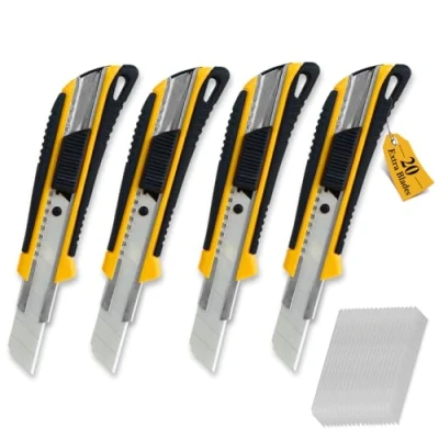 Image de CCLIFE 4 pcs Cutter professionnel rétractable métal 18mm, Robuste et précis, 20 lames avec Poignée en Antidérapant