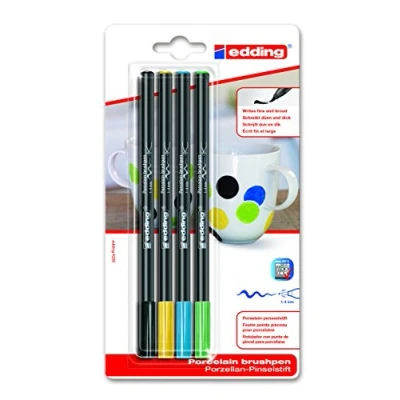 Image de edding 4200 Feutre pointe pinceau pour porcelaine multi couleur 4 stylos 1 4mm peindre et décorer la céramique, va au lave vaisselle, encre opaque, séchage rapide