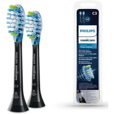 Image de Philips Sonicare Lot de 2 têtes brosses à dents électriques soniques C3 Premium Plaque Defence, Noir (Modèle HX9042/33)