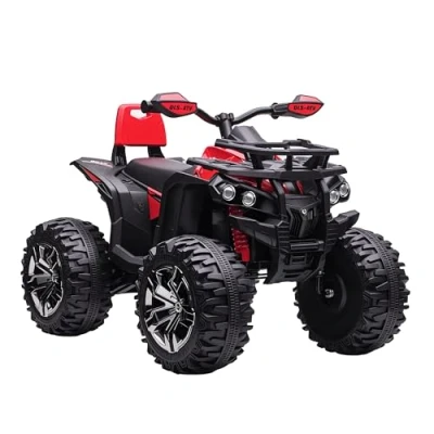 Image de HOMCOM Voiture 4x4 Quad Buggy électrique Enfant 12 V 8 Km/h Max. Effets Lumineux sonores Selle avec Dossier Porte Bagage Avant métal PP Rouge Noir