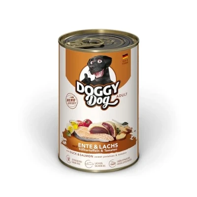 Image de DOGGY Dog Paté Canard &amp; Saumon, 6 x 400 g, Nourriture Humide pour Chien, sans céréales, avec Huile de Saumon et Moule à lèvres Vertes, Aliment Complet patate Douce Tomate, fabriqué en