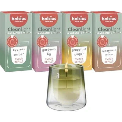 Image de Bolsius Set de Démarrage CleanLight Bougie Parfumée Rechargeable Support &amp; 9 Recharges Multiples Fragrances Vert Temps Combustion 20 Heures Extraits Naturels Cire Végétalienne