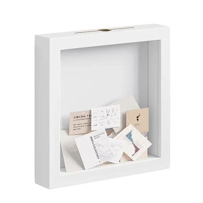 Image de EUGAD Cadre de Boîte d&#039;Ombre 3D avec Fente, Profond Carré 20x20cm pour Objets jusqu&#039;à 3cm, Présentation en Bois Photos, Artisanat, Médailles, Souvenirs, Blanc