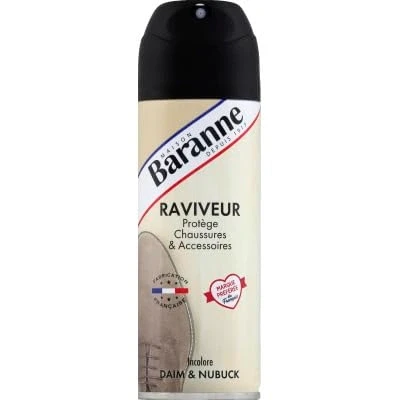 Image de Baranne Aérosol Raviveur Daim Incolore Protège, Ravive et Imperméabilise Tous coloris Chaussures Accessoires Cuir Nubuck 200 mL
