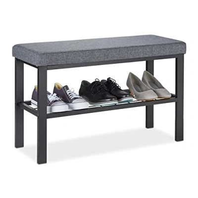 Image de Relaxdays Banquette à Chaussures, 1 Étagère, Meuble d’Entrée avec Assise, Matelassé, HxLxP 50,5 x 81 32 cm, Noir/Gris
