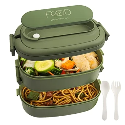 Image de OITUGG Lunch Box 2 Couches 1550ml Bento pour Adulte Boite Repas avec 3 Compartiment et Couverts, Sans BPA, Micro ondes, Lave vaisselle, 19 x 12 12cm, Vert