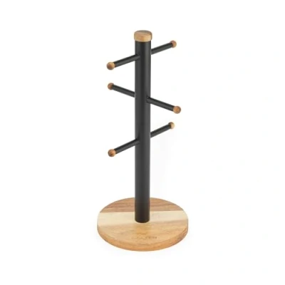 Image de Salter BW13566EU7 Toronto porte tasse support de en bois d&#039;acacia, présentoir à 6 branches pour tasses café/tasses thé, rangement acier robuste autonome, noir