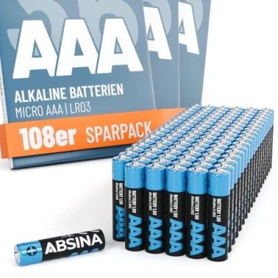 Image de ABSINA Lot de 108 Piles alcalines AAA 1,5 V micro LR03 durables pour télécommande, jouets, réveil, etc