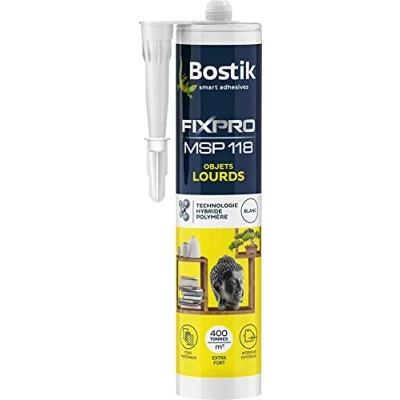 Image de Bostik FIXPRO Mastic Colle de Fixation MSP 118 Objets Lourds Intérieur/Extérieur Tous Supports Prise Immédiate en 5 secondes Hybride Polymère Couleur : Blanc 290 ml
