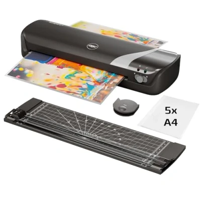 Image de GBC Inspire+ Set de Plastification 4 en 1 avec Plastifieuse A4 / Massicot Arrondisseur d&#039;Angle Pochettes A4, coloris Noir (4410036)