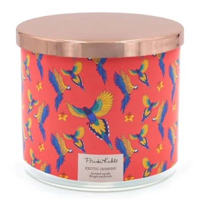 Image de Frida Kahlo Bougie parfumée dans un verre jasmin exotique Cadeau pour femme au 3 mèches Longue durée de combustion (60 h) à la cire soja
