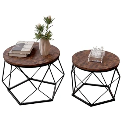 Image de Vida Designs Brooklyn Tables gigognes, Fer d&#039;ingénierie, Bois Foncé, Large/Small : H 40/36 x W 48/40 D cm