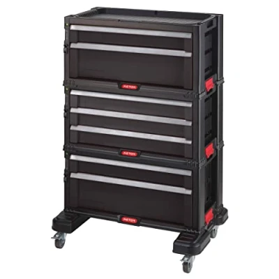 Image de Keter Module Servante 7 Tiroirs d&#039;Atelier pour Petits et Grands Outils roulettes Pivotantes Amovibles avec Freins, 3 Caissons Verrouillage 59,9 x 37,8 74.2 cm Noir
