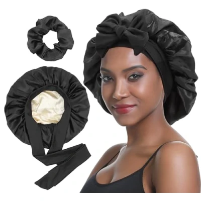 Image de SENGTERM Bonnet Satin Cheveux Nuit Couche Double en Soie pour bouclés naturels aille de tête Ajustable Femmes (Noir)