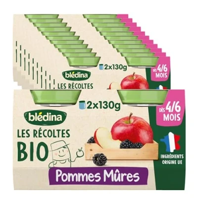 Image de Blédina Les Recoltes BIO Petits pots pour bébé Pommes Mûres Recette et simple Dès 6 mois 24 de 130g