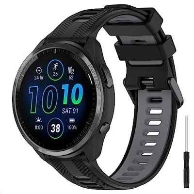 Image de GIOPUEY Bracelet Compatible avec Garmin Forerunner 965/955/945/745, Souple TPU Sangle [Conception de Couleur d&#039;épissage] Black/Grey