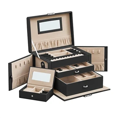 Image de SONGMICS boîte à Bijoux 3 Niveaux, Écrin 2 Tiroirs, Coffre de Rangement, avec Mini Portable, Poignées, Verrouillable, Revêtement en Noir Classique et Doublure Jaune Sable JBC121B