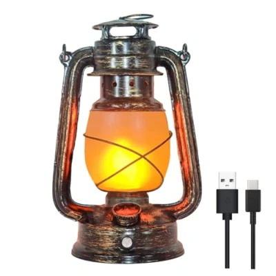 Image de ACMHNC Lanterne Vintage Rechargeable, Extérieure LED Sans fil Pour Jardin,Retro Lampe de Table avec Batterie, Tempête à Piles Camping Rechargeable Effet Flammes,Bronze