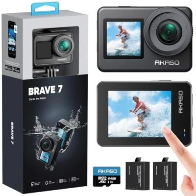 Image de AKASO Brave 7 Caméra Sport 4K avec Carte Mémoire de 256Go, IPX 8 Etanche Deux Écrans Tactile 20MP Camera sous Marine 40M, EIS 2.0 Grand Angle Zoom Télécommande et 2 Batteries 1350mAh