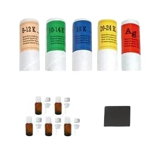 Image de KIT 5 TESTEUR OR 9/14/18/24 K CARATS POUR TESTER L&#039;OR + ARGENT PIERRE DE TOUCHE NATURELLE 50x40mm FLACONS COMPTE GOUTTES 15 ML GUIDE EXPERTISE OFFERT (TEST TESTING GOLD STONE)