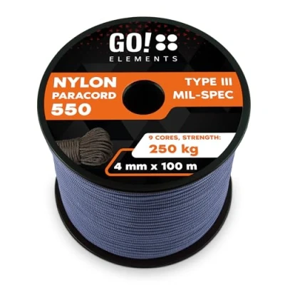 Image de GO!elements 100m Paracorde en Ficelle Nylon 4mm 550 Typ III Corde approprié Fil de Peche Nylon, Filet éthologique, etc. Max. 250kg, Coleur: Gris Bleu