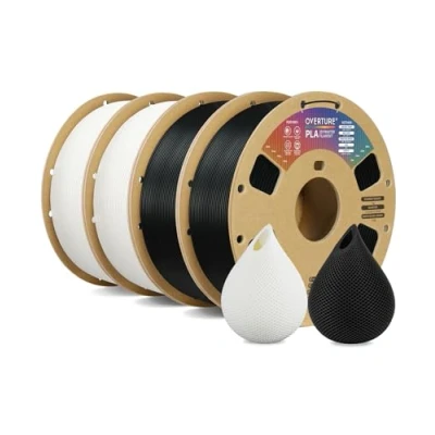 Image de OVERTURE PLA Filament 1.75mm, 4kg Bobine (8.8lbs) 3D Drucker Filament, Précision Dimensionnelle +/ 0.02mm (Noir 1kg*2 + Blanc 1kg*2)