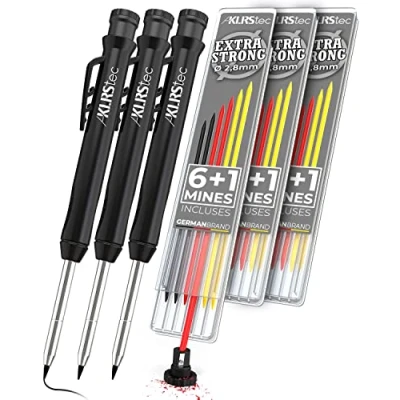 Image de KLRStec Marqueurs à Pointe télescopique profesionelle [21 mines + 3 taille crayons incl.] mine crayon chantier stylo bricolage marqueur pour les menuisiers et bricoleurs
