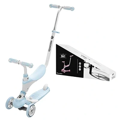 Image de HyperMotion Draisienne Trottinette Enfant Evolutive 5 en 1 Jusqu&#039;à 50 KG Poussoir Repose pieds Selle Volant Réglable CE Bleue