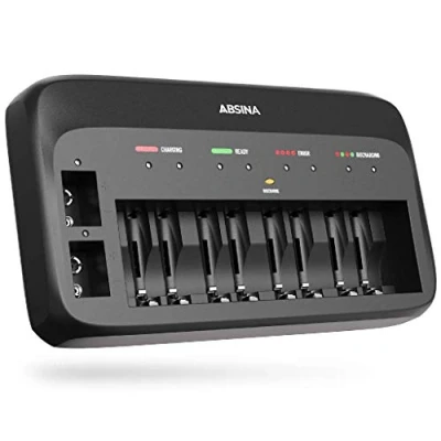 Image de ABSINA Chargeur de Piles Rechargeables X10 pour AA, AAA &amp; 9V Rechargeable avec 10 emplacements Pile Micro AAA, Mignon AA accus Bloc NiMH Chargeurs