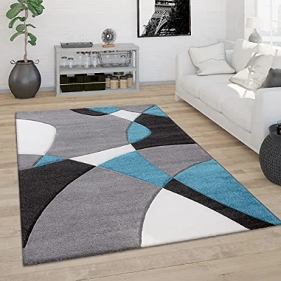 Image de Paco Home Tapis De Salon Poil Ras Moderne Look 3D Découpe Contour Motif Abstrait, Dimension:160x230 cm, Couleur:Turquoise