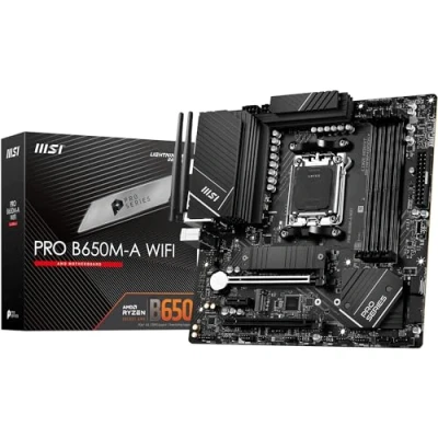Image de MSI Pro B650M A WiFi Carte Mère, Micro ATX pour Processeurs AMD Ryzen 9000, 8000 et 7000, AM5 DDR5 Memory Boost 6400+MHz/OC, 2 x PCIe 4.0 x16, M.2 Gen4, Wi FI 6E