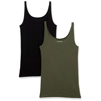 Image de Amazon Essentials Débardeur Coupe ajustée à Fines Bretelles Femme, Lot de 2, Noir/Vert Olive, S
