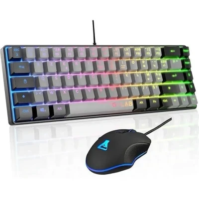 Image de The G Lab Combo Hydrogen Pack Clavier Souris Gamer, Gamer 65% Filaire, Rétroéclairage RGB, azerty, Format Compact + Gaming 6 Boutons, 6400 DPI PC/PS4/PS5 Gris/Noir