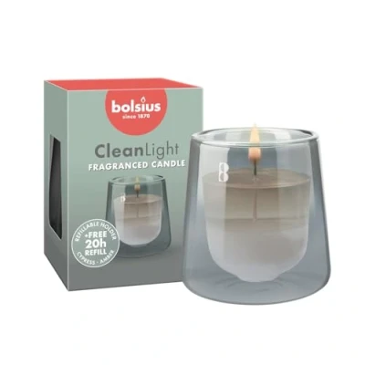 Image de Bolsius Set de Démarrage CleanLight Bougie Parfumée Rechargeable Support &amp; 1 Recharge Gris Cypress Amber Temps Combustion 20 Heures Extraits Naturels Cire Végétalienne