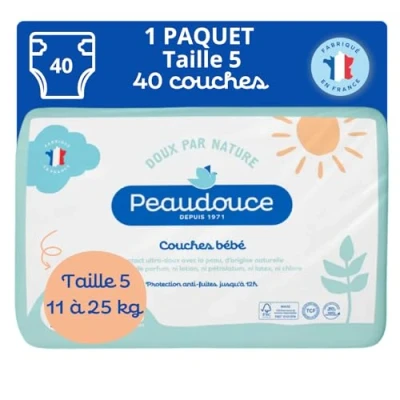 Image de PEAUDOUCE Sac x 40 Couches Bébé Taille 5 (11 25kg) Ecologiques, Naturelles, Saines et Peau Douce Fabriquées en France Protection Anti Fuites Jusqu&#039;à 12 h Non Blanchie Au Chlore
