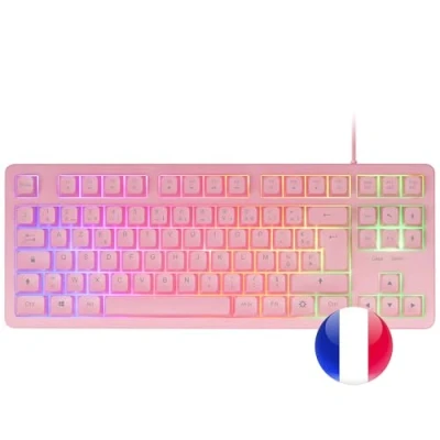 Image de Mars Gaming MCP RGB3, Ensemble Clavier Fixe RGB + Souris Flow 3200 DPI Casque Over Ear Tapis de XXL, Rose, Langue Française