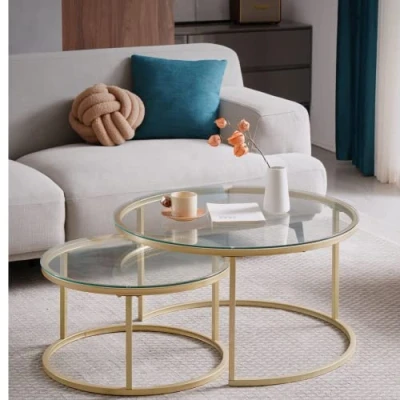 Image de HJhomeheart Set de 2 Tables d&#039;appoint Rondes, Table Basse, Grande : 60 x 45 cm ; Petite 40 35 cm, Or et Verre