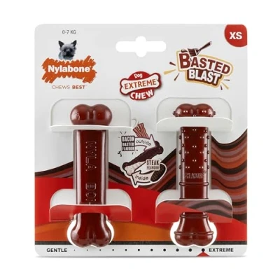 Image de Nylabone, Basted Blast, Os à mâcher extrêmement Fort, Jouet pour Chiens en Nylon, Forme d&#039;os, Durable, Goût : Bacon et Steak, Extra Petit, jusqu&#039;à 7 kg, Paquet de 2