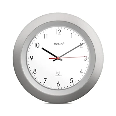 Image de Mebus Horloge Murale radiocommandée/modèle Classique/Cadre argenté/Cadran Blanc / 29cm de diamètre/Rond/Horloge radiocommandée (DCF77) Modèle : 19448 Couleur argenté,
