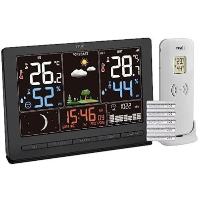 Image de TFA Dostmann Station météo sans fil Season 2, 35.1118, avec émetteur extérieur, prévisions météo, écran couleur, température et humidité, horloge radio pilotée phase de la lune, noire, piles