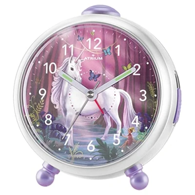 Image de Atrium Miraluna A932 0 Réveil pour enfant fille motif fée licorne sans tic tac, fonction snooze, lumineux, analogique à quartz, blanc scintillant