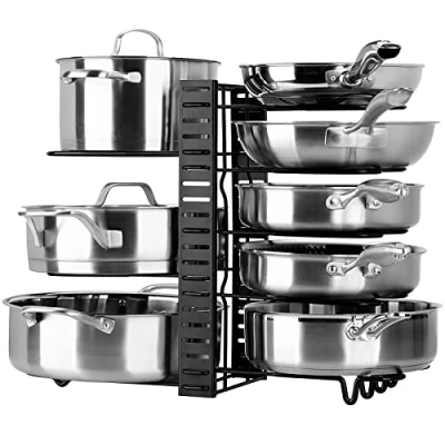 Image de Toplife Porte Casseroles, 3 DIY Méthodes casseroles Support en Métal Rangement Cuisine avec 10 Compartiments Réglables Parfaite pour Les Ustensiles Poêles, Couvercles