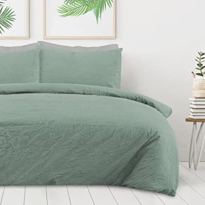 Image de Sleepdown Parure de lit avec Housse Couette et taies d&#039;oreiller 100% Pur Coton uni Vert Sauge King Size (230 x 200 cm)