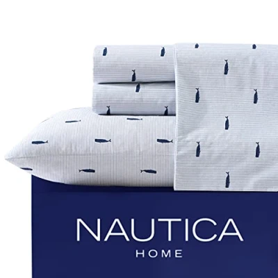 Image de Nautica Parure de lit pour Double, literie en Percale Coton, Gracieuse et fraîche, décoration d&#039;intérieur côtière (Baleine rayée Bleue, Double)