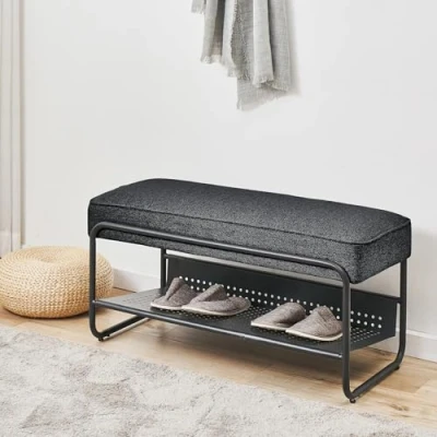 Image de [en.casa] Banc à Chaussures Meuble d&#039;Entrée avec Assise Rembourré et Étagère Range pour 3 Paires Espace de Rangement Design Métal Polyuréthane Polyester 90 x 37 42 cm Noir